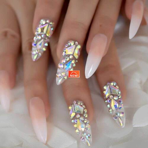 Fake Nails Designer Extra Long Ombre Jewelry Pre-designed