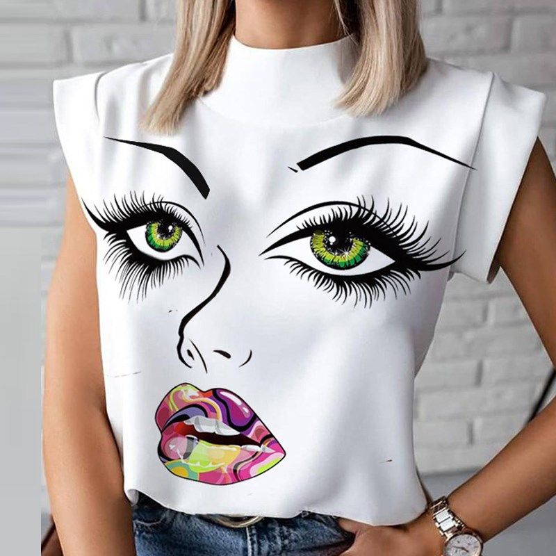 Fashion Women Lips Eyelash Print Sleeveless Blouses Shirts 2