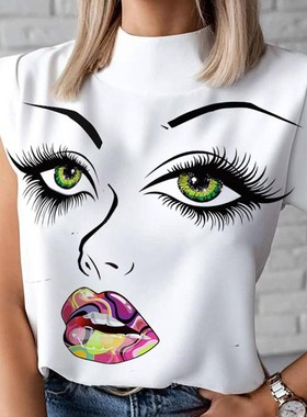 Fashion Women Lips Eyelash Print Sleeveless Blouses Shirts 2