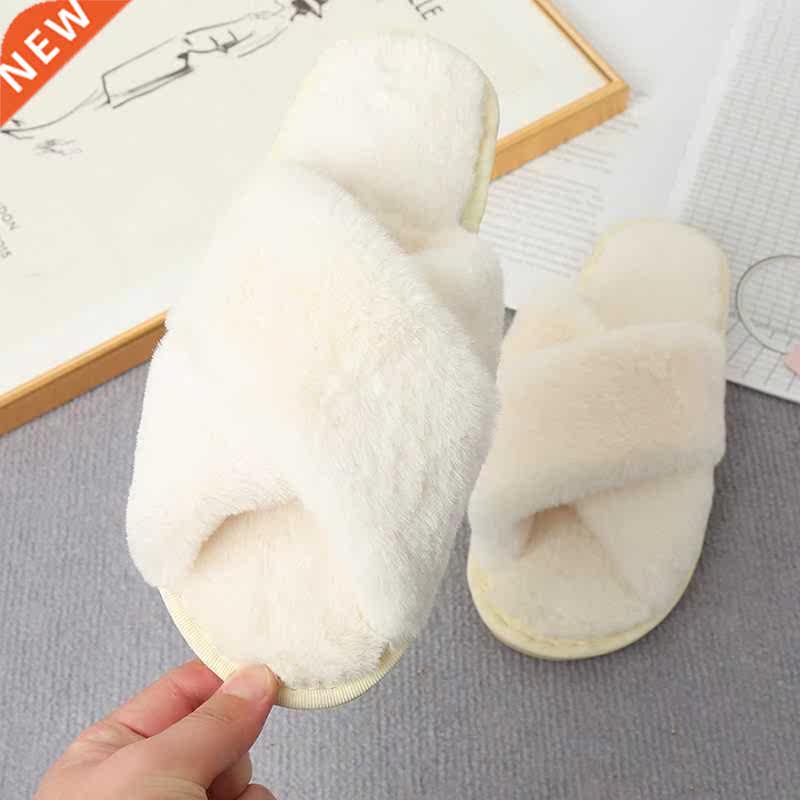 Winter Home Fur Slippers Faux Furry Cross Strap Flat Slides