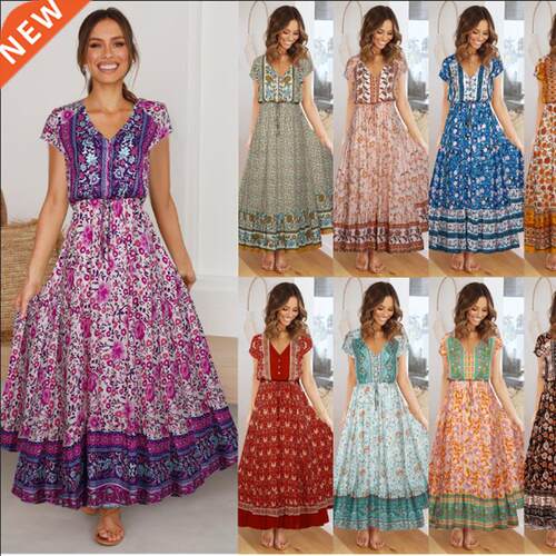 2022 Short Sleeve Button Tie Positioned Flower Panel Dress