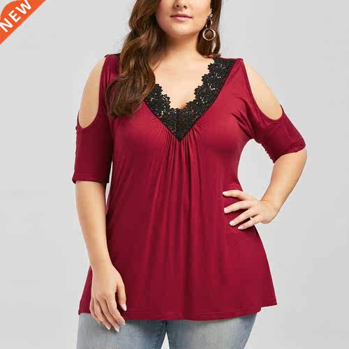 2019 Plus Size Women Lace Trim V Neck Loose Cold Shoulder Bl