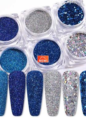 6Pcs/Set Blue Siliver Colorful Nail Glitters Set