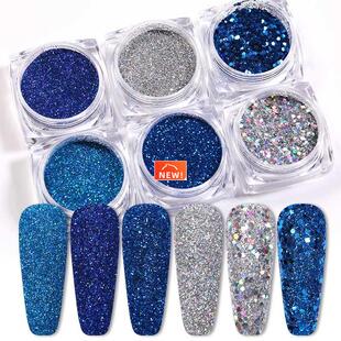 6Pcs/Set Blue Siliver Colorful Nail Glitters Set