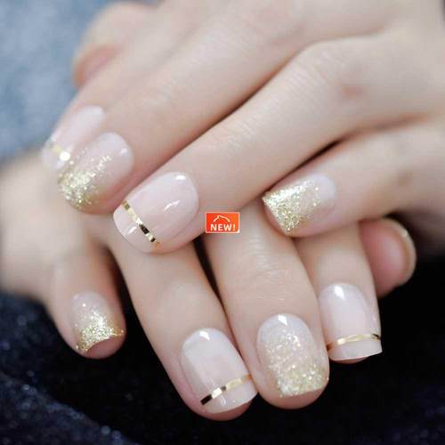 UV Gel Cover False Nails Gold Glitter Nude Ladi's Press