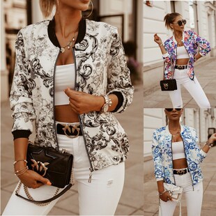 Leosoxs Flower Print Long Sleeve Women's Bomber Jacket Fashi