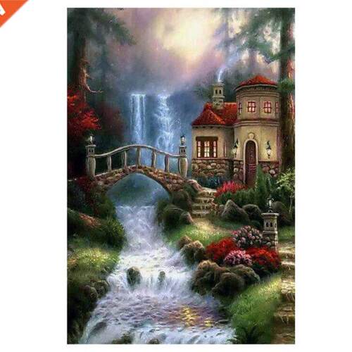 Landscape House Bridge Flowing Water Full Diamond Round