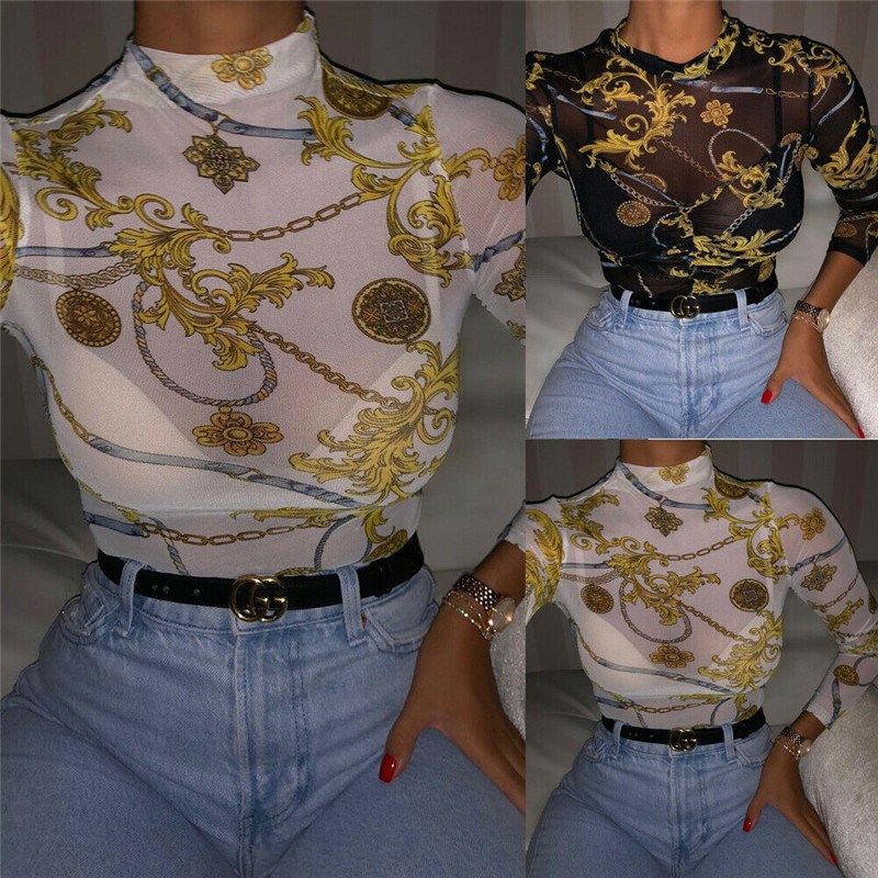 Women Mesh Sheer See Through Print Shirt Blouses Outwear Tur