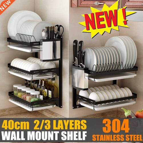 NEW 2/3 Tier Stainless Steel Rack Wall Dish Bowl Dry Shelf C