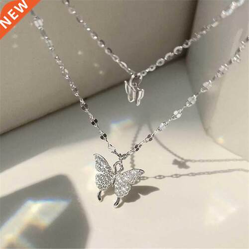 Silver Color Shiny Butterfly Necklace Female Exquisite Doubl