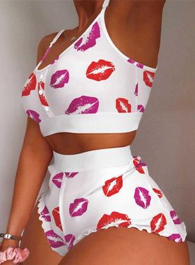 2 Pieces Red Lips Hot Pajamas For Girls Set Autumn Women Sle