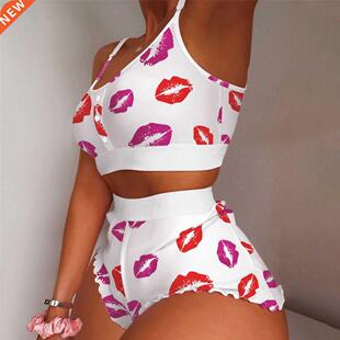 2 Pieces Red Lips Hot Pajamas For Girls Set Autumn Women Sle