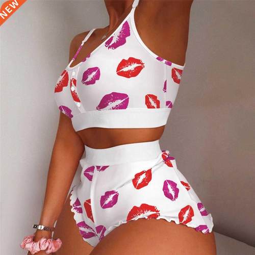 2 Pieces Red Lips Hot Pajamas For Girls Set Autumn Women Sle