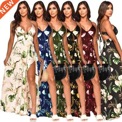 Perl Chiffon Sling V-ne Maxi Dress Printed High Waist Open