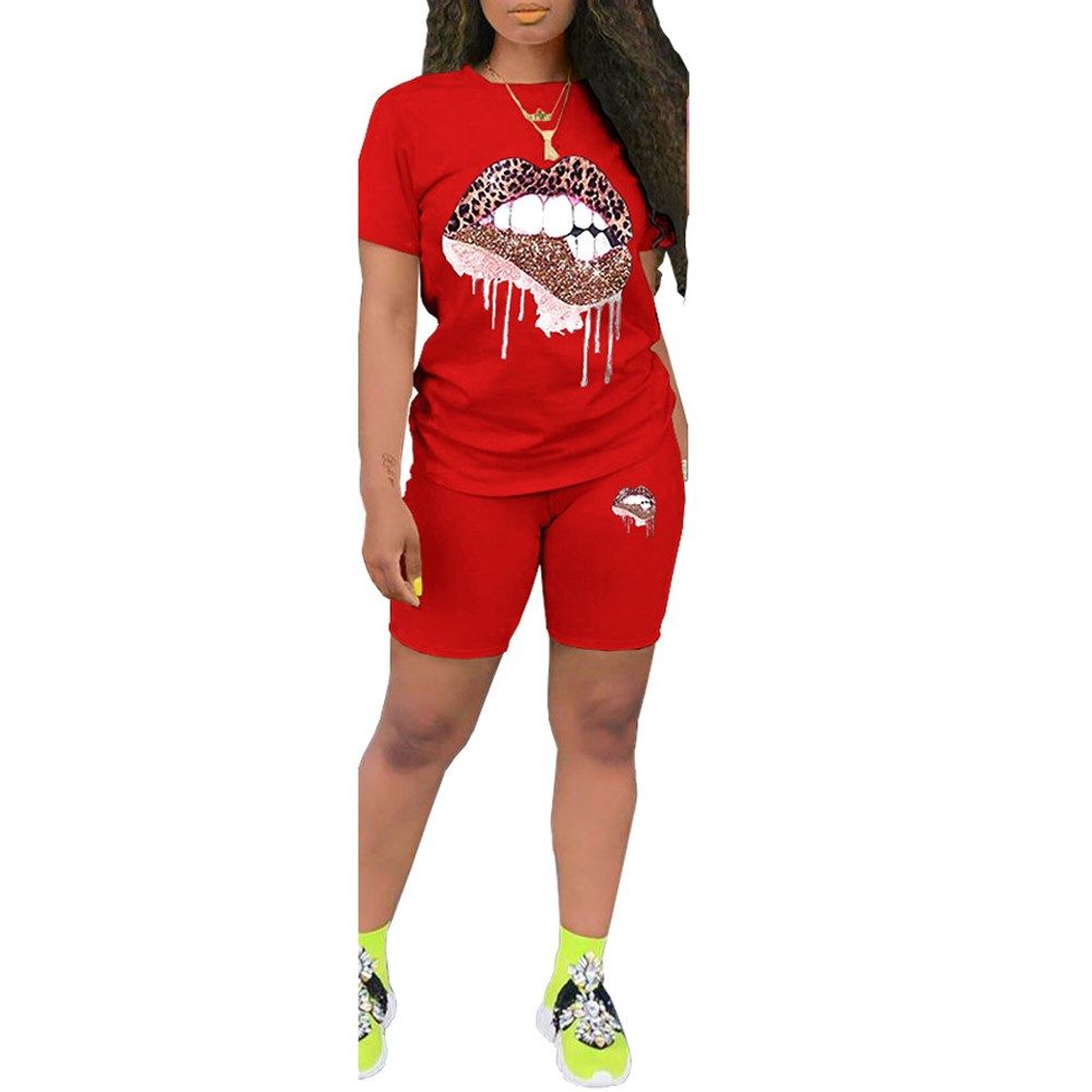 Women Short Sleeve Lips Printed T-shirt Top Elastic Waist Sh