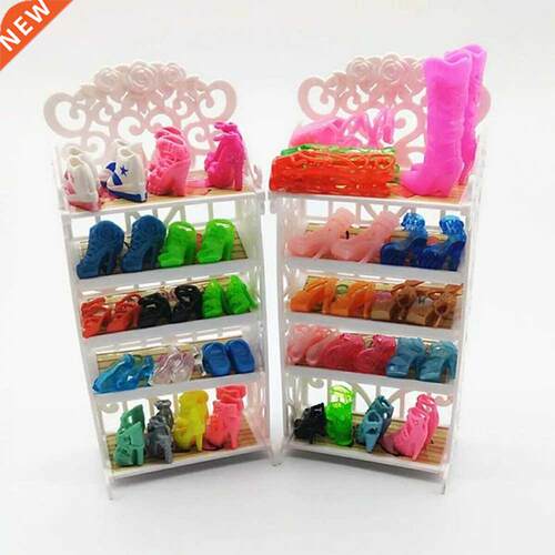 1x Plastic 5 Layers White Doll Shoes Rack / Random 12 Pairs