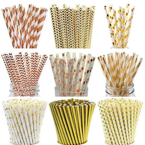 25pcs Rose Gold Paper Straws Strip Dot Drinking Straw Dispos