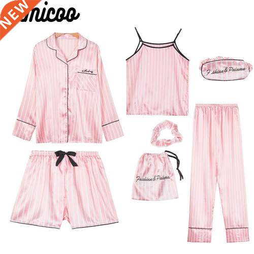 Pink Women's 7 Pieces Pajamas Sets Faux Silk riped Pyjam