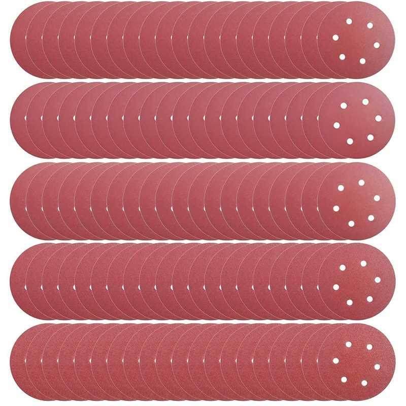 100 PCS 6 Inch 6 Holes Hook and Loop Sanding Disc, 20 Pcs Ea