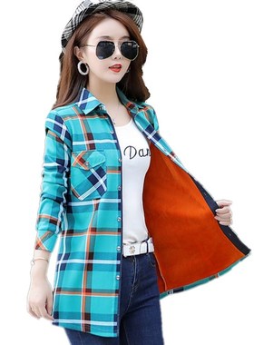 New Women Velvet Thick Warm Long Plaid Shirts Female Long Sl