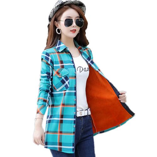New Women Velvet Thick Warm Long Plaid Shirts Female Long Sl