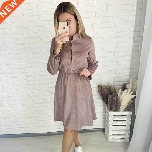 Women Casual Front Button Ruffles A-line Dress Long Sleeve O