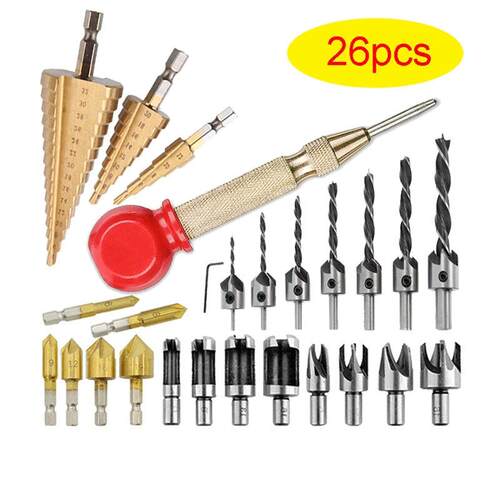 26PCS Woodworking Chamfer Drilling Tools,Three Pointed Count