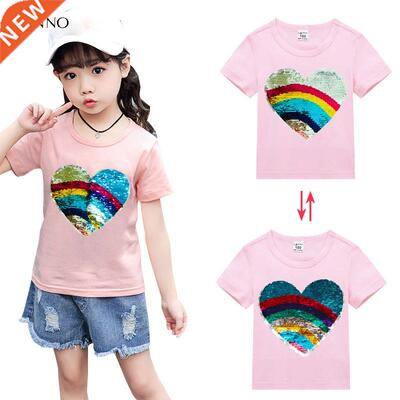 Double Side Reversible Sequin Girls Tee Top Summer Short Sle
