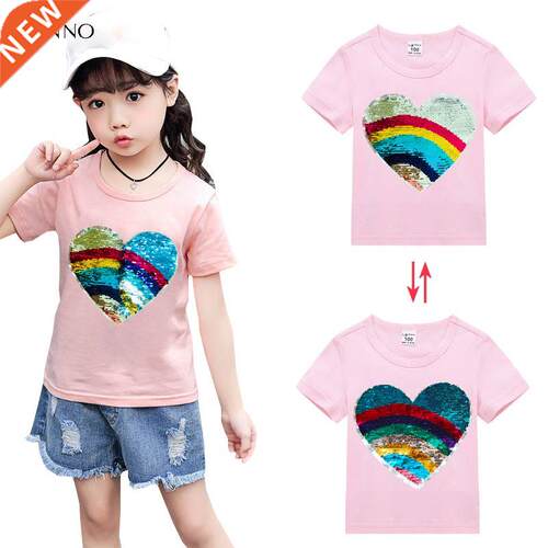 Double Side Reversible Sequin Girls Tee Top Summer Short Sle