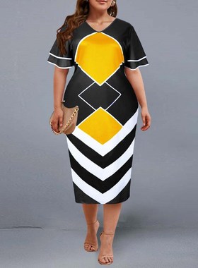 Plus Size Dress Elegant Geometric Print Evening Party Dress