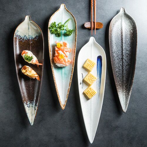 Japanese style long leaf plate leaf-shaped ceramic plate