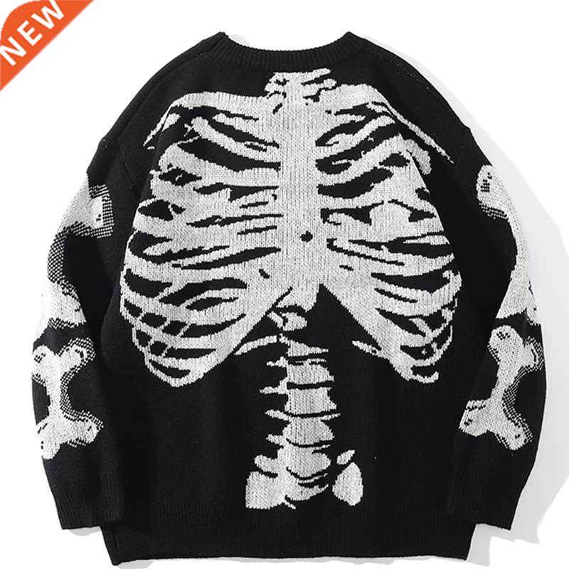Men Oversized Sweater Black Loose Skeleton Bone Print Women