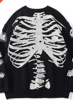 Men Oversized Sweater Black Loose Skeleton Bone Print Women