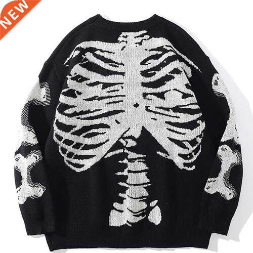 Men Oversized Sweater Black Loose Skeleton Bone Print Women