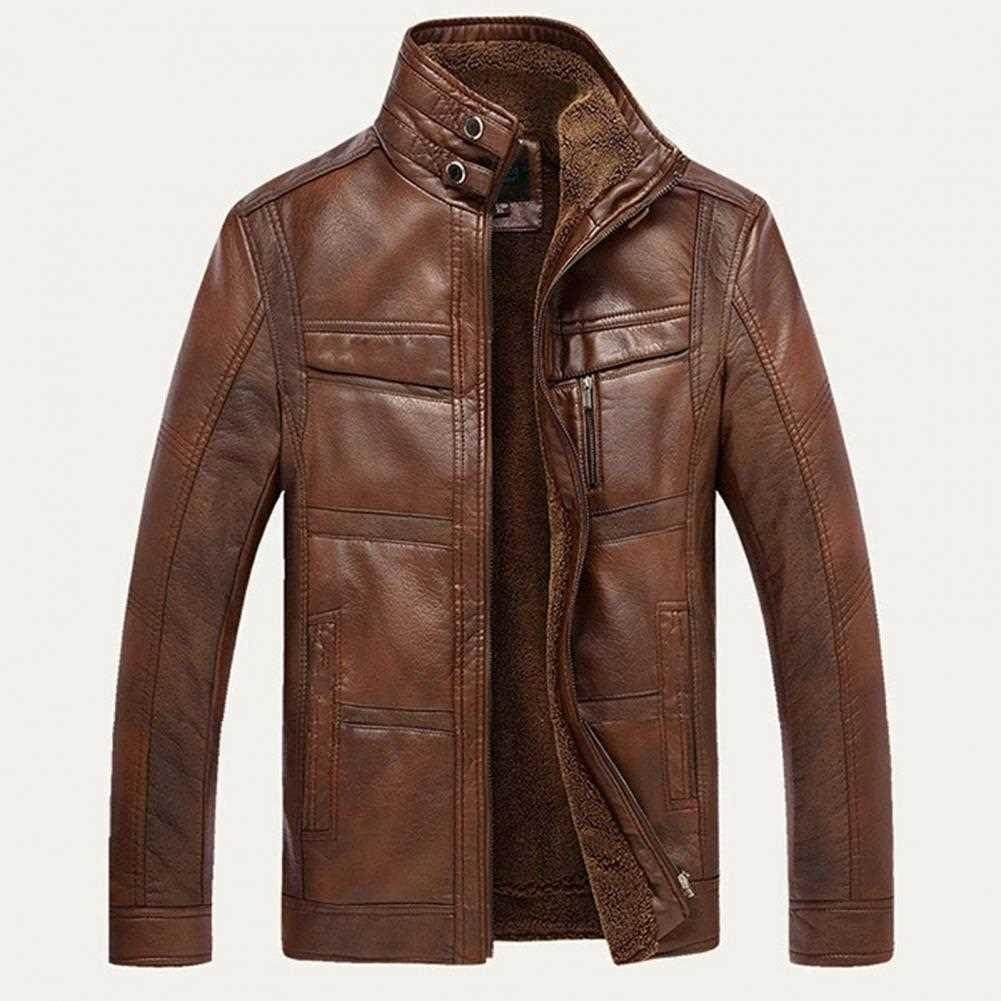 Men Winter Long Sleeve Solid Color Stand Collar Faux Leather