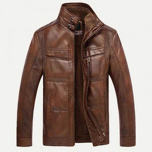 Men Winter Long Sleeve Solid Color Stand Collar Faux Leather