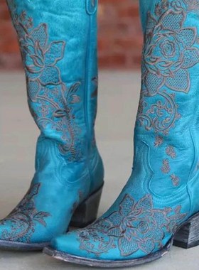 2021 Fashion Cowboy Boots Pull-on Pointed Western Boots Thic