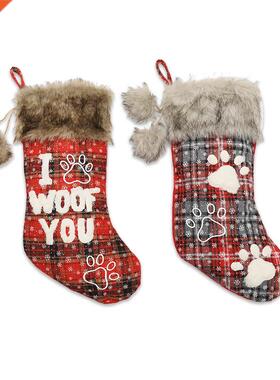 Christmas Gift Socks Plush Christmas Plaid Stocking with Han