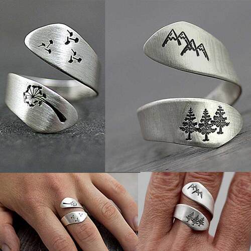 Female Plated Silver Color Hand-brushed Winding Ring Mountai