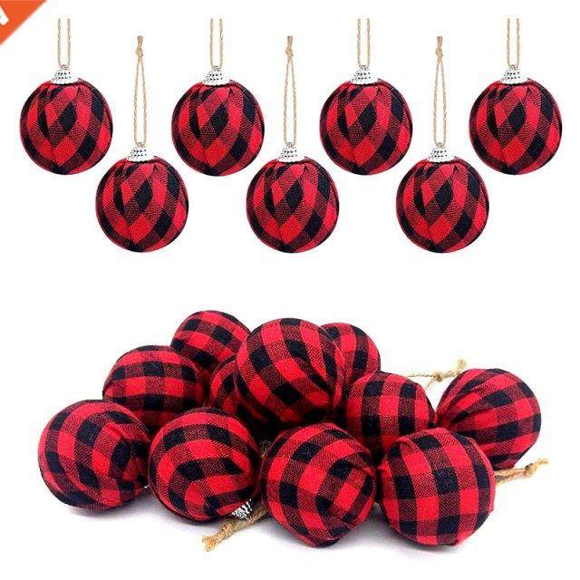 16Pcs Buffalo Check Fabric Ball Chrimas Fabric Wrapped Bal