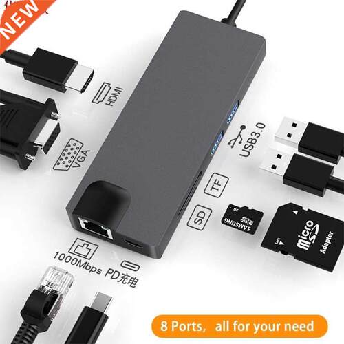8 in 1 Type C Hub USB C to HDMI VGA USB 3.0 Ports SD/TF Read