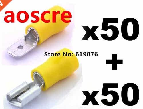 100pcs Yellow Semi Insulated Spade Electrical Crimp Connecto