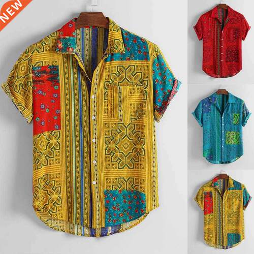 Mens Vintage Ethnic Printed Turn Down Collar Short Sleeve Lo