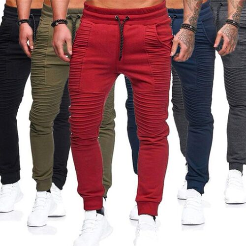 Fashion Men Solid Color Drawstring Elastic Waist Sport Pleat