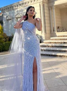 2022 Glitter Evening Dresses One Shoul Sequins Beaded Lon