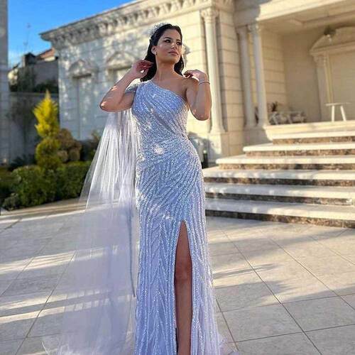 2022 Glitter Evening Dresses One Shoul Sequins Beaded Lon
