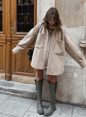 PUWD Casual Woman Camel Loose Pocket Woolen Shirt 2021 Fashi