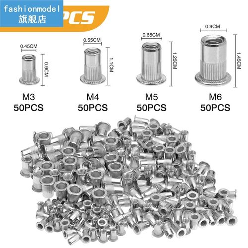 200Pcs Rivet Nut Set 304 Stainless Steel Flat Head Threaded