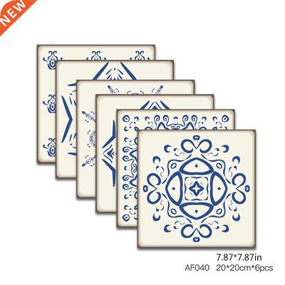 6pcs Blue Retro Pattern Matte Surface Tiles Sticker Transfer