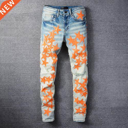 America Jeans Male blue Orange star Leather Patchwork Jeans